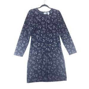 S L.L. Bean Velvet Button Front Dress Midi Knee Length Long Sleeve Velour Navy